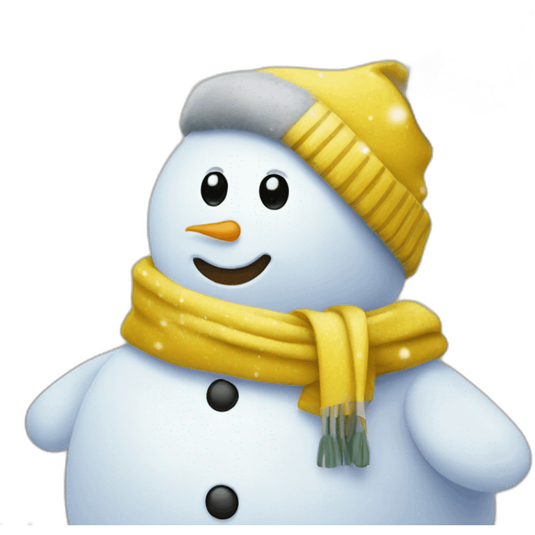  a white snowman with a yellow scarf on the background of a Christmas tree emoji