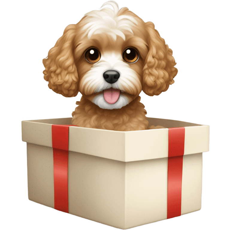 beige and white cavapoo and gift box emoji