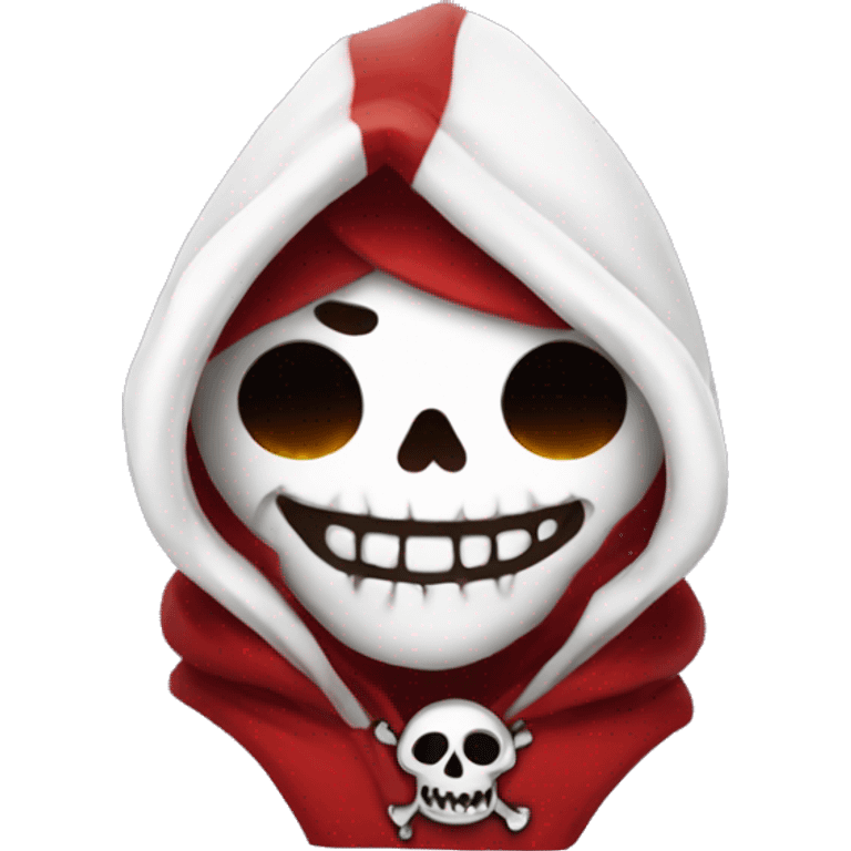 Cute, happy little skull wearing a red velvet hood with white fur trim. emoji