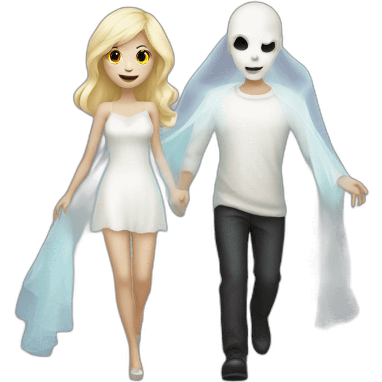 a blondie girl and a bald guy dressed as a ghost going to a party emoji