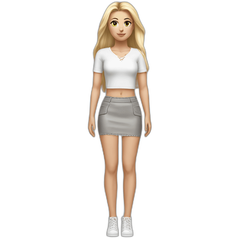 hyperrealistic caucasian female, long straight blonde hair, white lace up crop top, grey mini tight skirt, body view emoji