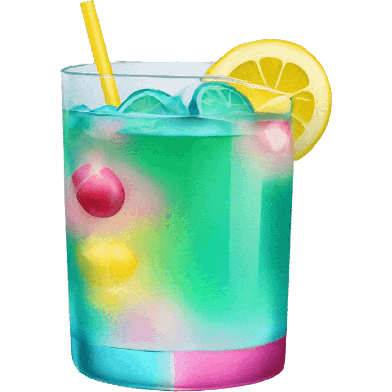 Bluish green cocktail with pink and yellow emoji