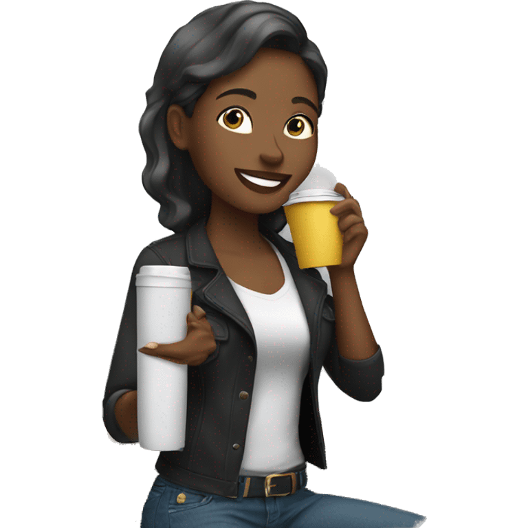 African American female talking on cellphone and holding a coffee wearing black shirt and jeans  emoji