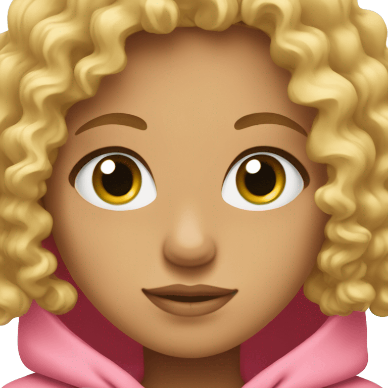 Curly girl hair with blonde hair and green eyes wearing a pink hoodie emoji