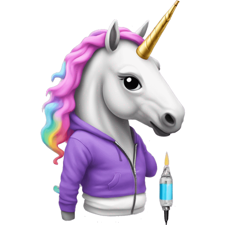 Unicorn wearing a hoodie with a vape pen emoji