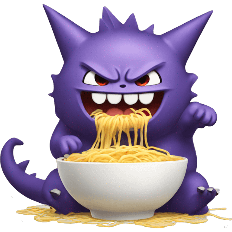 iOS emoji art style, Pokémon character Gengar, eating ramen noodles. emoji