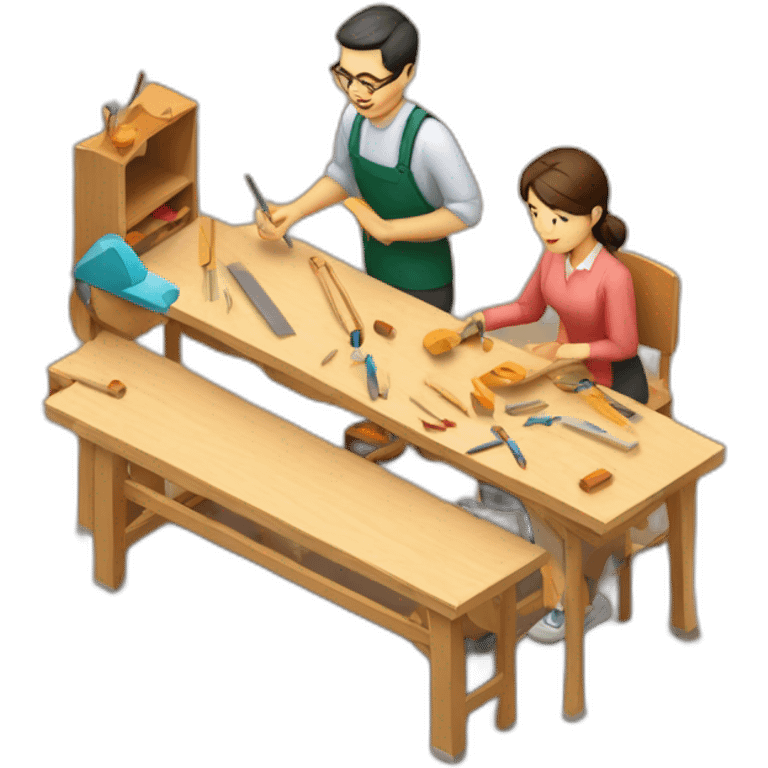 isometric woodworking teacher with student teaching in creative workshop on long table emoji