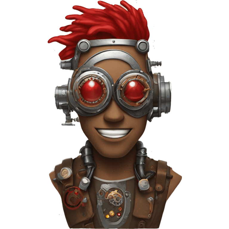 Brown cyborg head with red Mohawk, red beard, silver steampunk monocle goggles a smile and circuits emoji