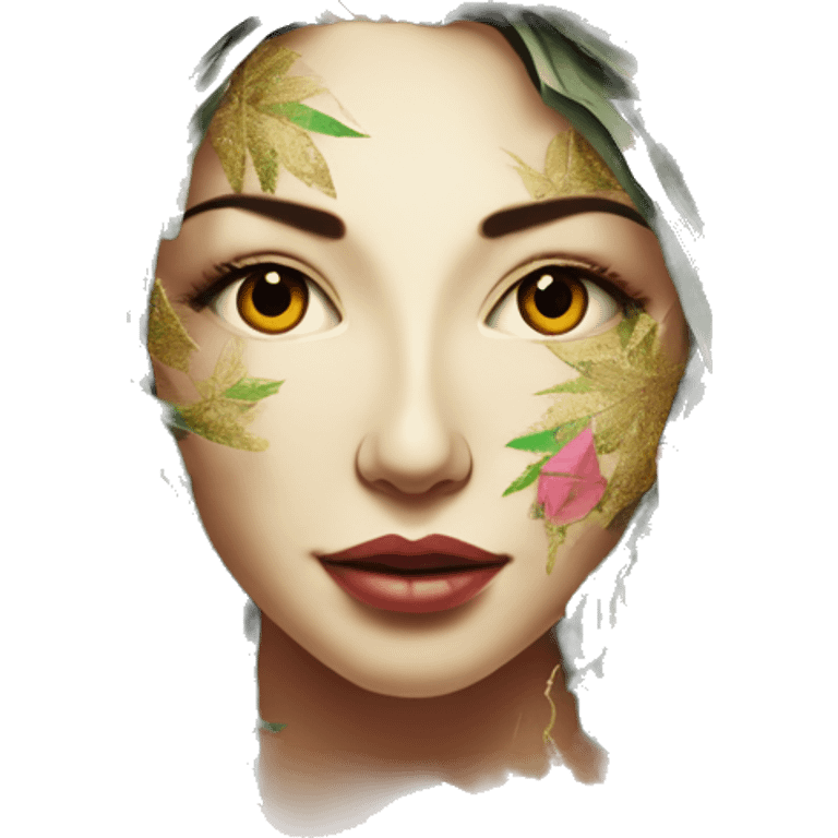  Hemp 420 lady face melting gold drizzle kintsugi multicoloured funky alm leaves tropical made of 420 origami newspaper roses hemp leaves lantern fairy lights paper and hemp leaves in hair emoji