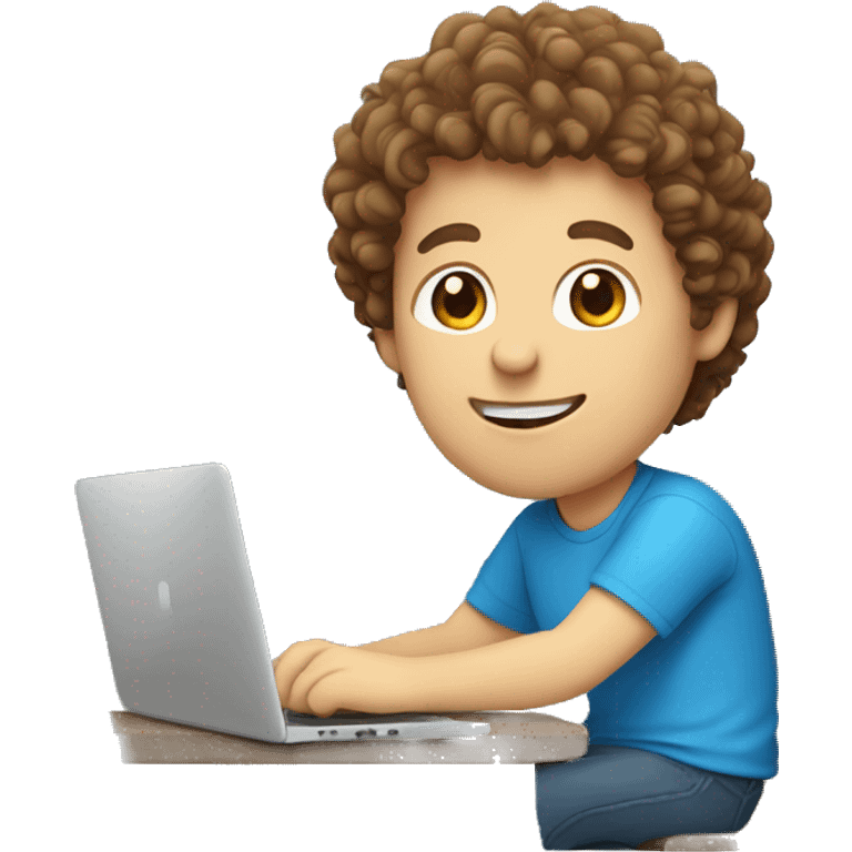 guy with curly brown hair, pale skin, blue t-shirt, sitting at a laptop emoji