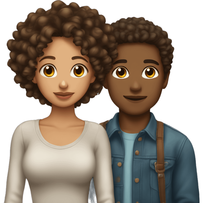 lightskin girl and brownskin boy with curly hair kissing emoji