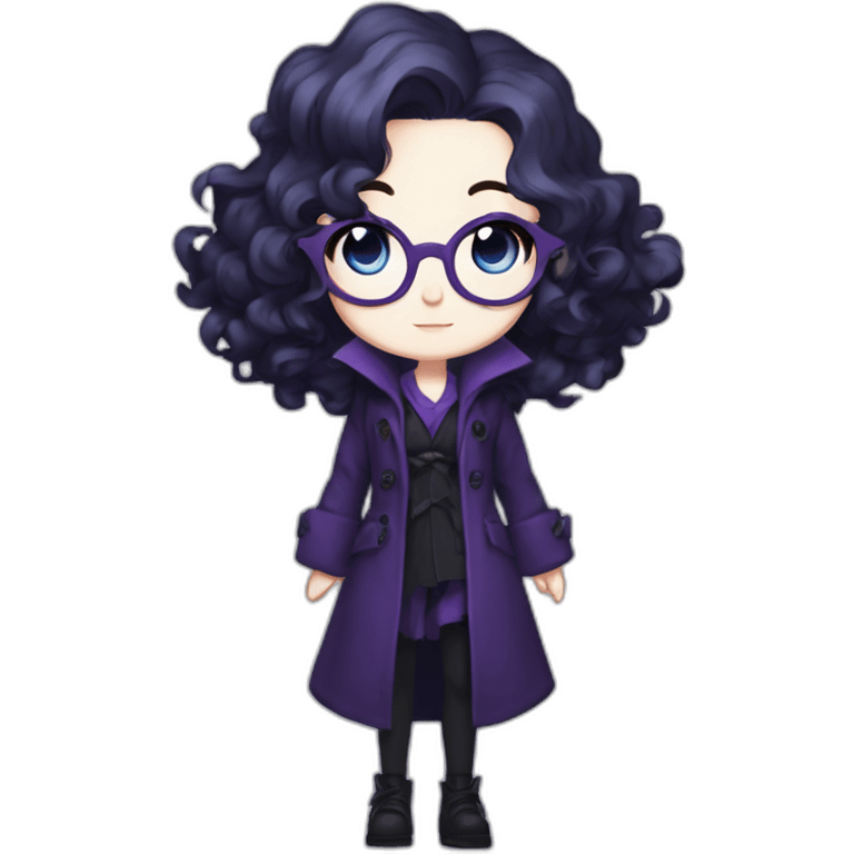 full length anime goth girl in a purple coat, glasses with big blue eyes and white skin and curly black long hair and aristocratic high cheekbones emoji