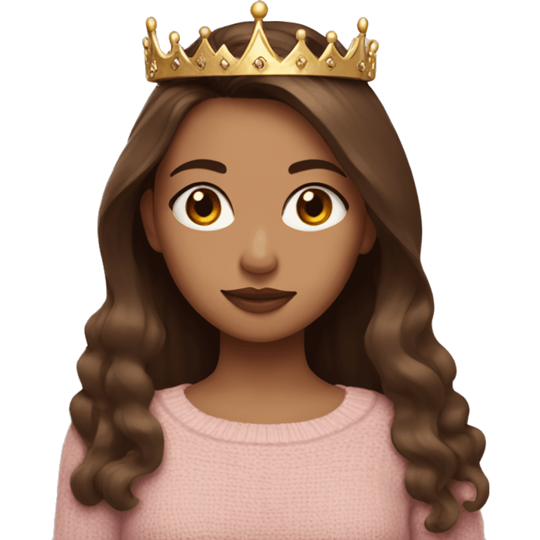 Female, fair skin, straight long brown hair, wearing a crown, baby pink lipstick, wearing a brown sweater emoji