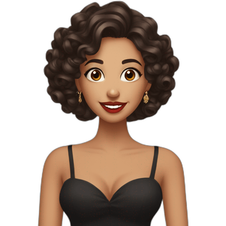 young moroccan woman with dark brown eyes, brown long curling hair with lighter tips, red lips, big smile, cleavage black dress emoji