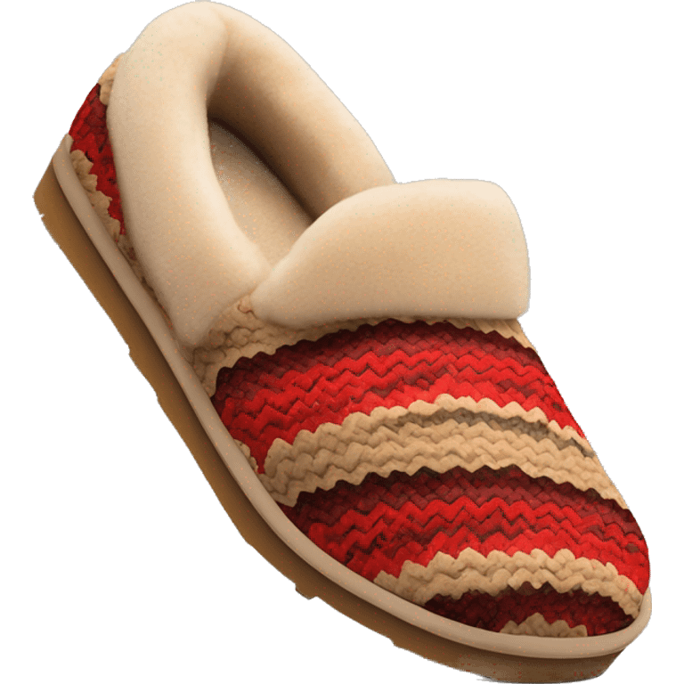 Ugg Camel slip-on slippers. A thin red zig-zag woven circling on ankles, VERY chunky platform sole. emoji