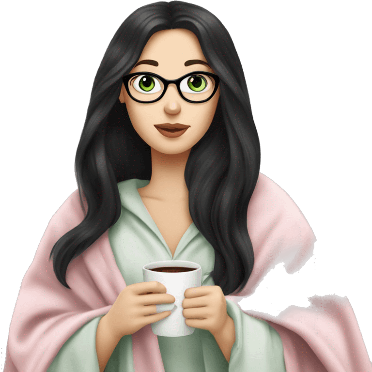 A pretty white girl with very long black hair and green eyes in a light pink blanket sipping coffee with glasses on emoji