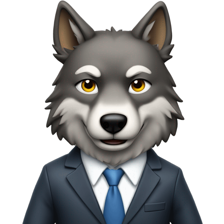 Wolf ceo wearing a suit determined smirking full body pose giving a peace sign  emoji