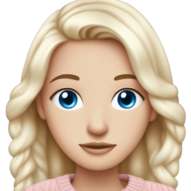 Pretty blue eyed white girl with light pink sweater reading cozy emoji