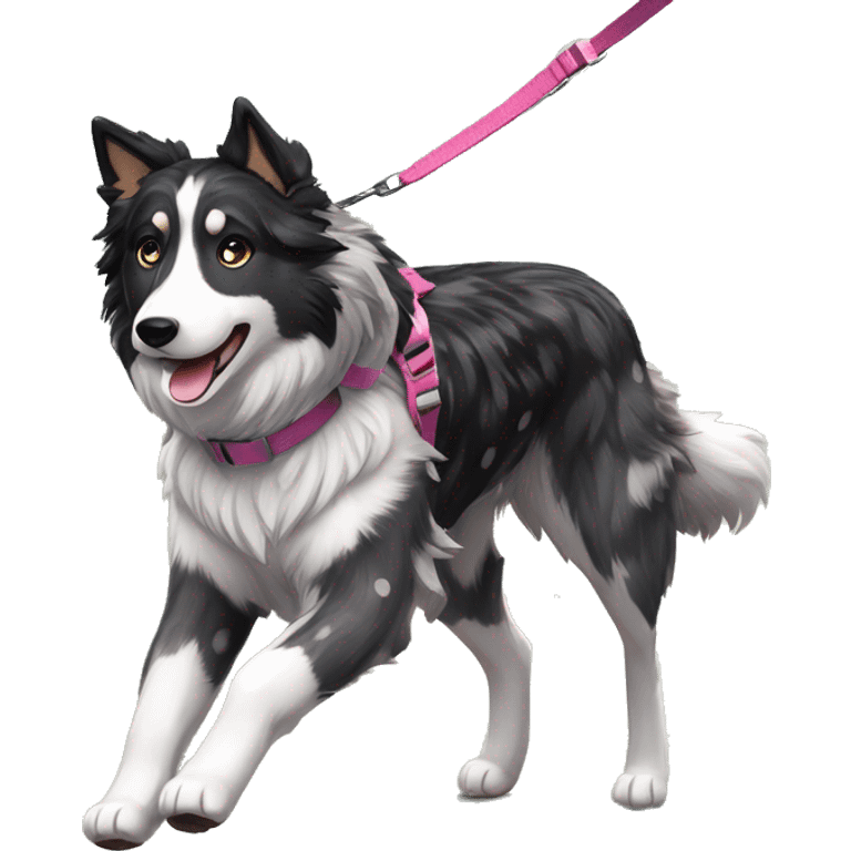  Black spotted brindle collie husky fluffy ears and holographic harness running emoji