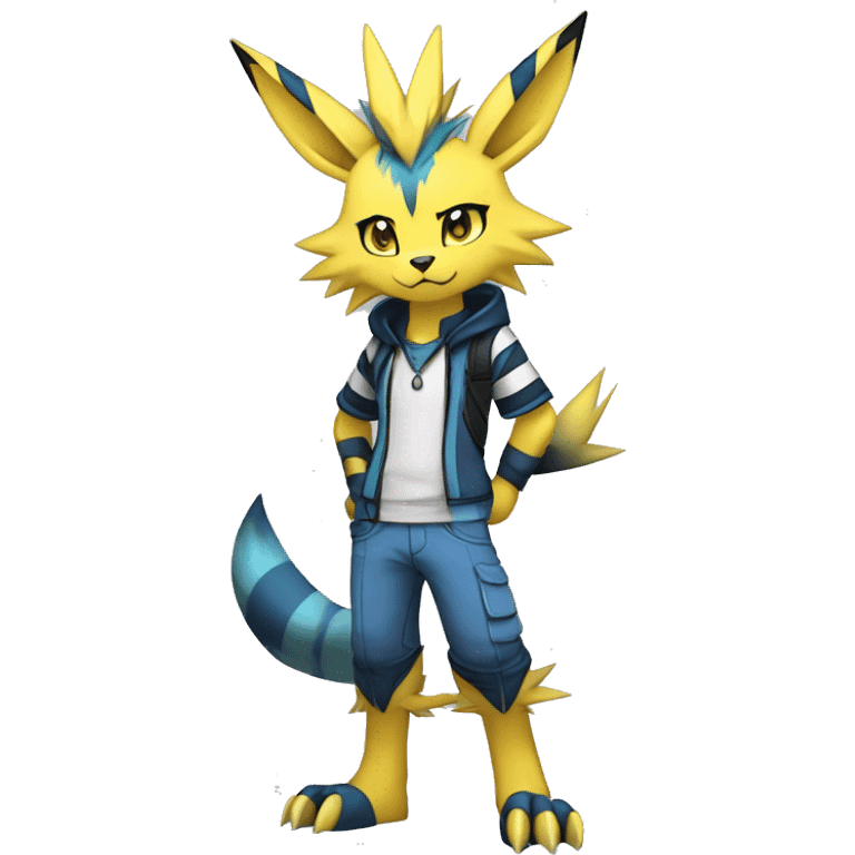 Anthro Edgy Cool Zeraora-Lombax-Jolteon-Pokémon-Fakémon with shiny blue stripes Full Body Detailed High Quality emoji