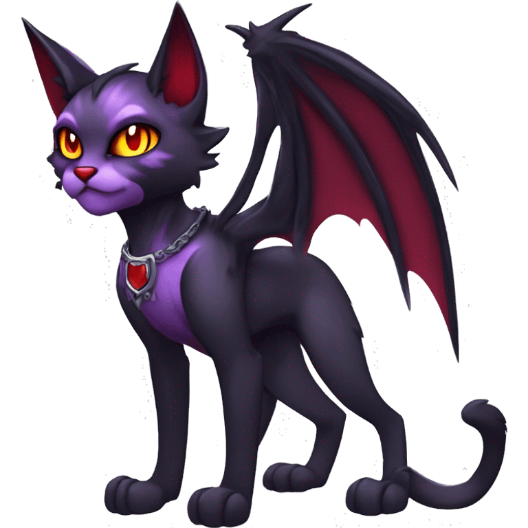 Anthro-Cute-Edgy-Cool-Vampiric-Batty-Cat-Black-Purple-Red-Grey-White-Yellow-Contrast-Colors-Fantasy-Fur-Sona-Chibi-Shiny-Fakémon-Hybrid with horns and fangs and collar full body emoji