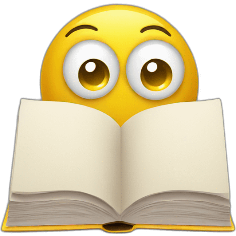 yellow glossy round emoji with big eyes holding book emoji