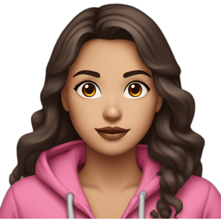 Women with long wavy dark brown hair and long eyelashes dark brown eyes with pink cheeks and pink lips and thick dark brown eyebrows wearing a hoody emoji