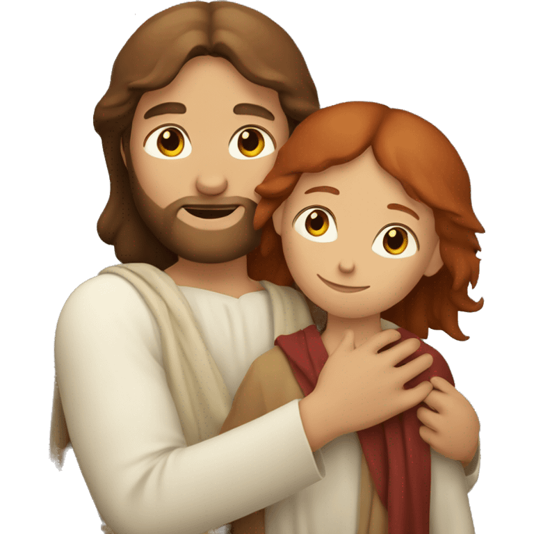 Jesus with brown hair hugging red hair child  emoji