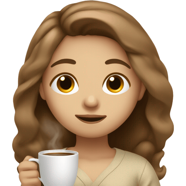 Long brown hair girl in beige pyjamas with sipping coffee eyes closed emoji