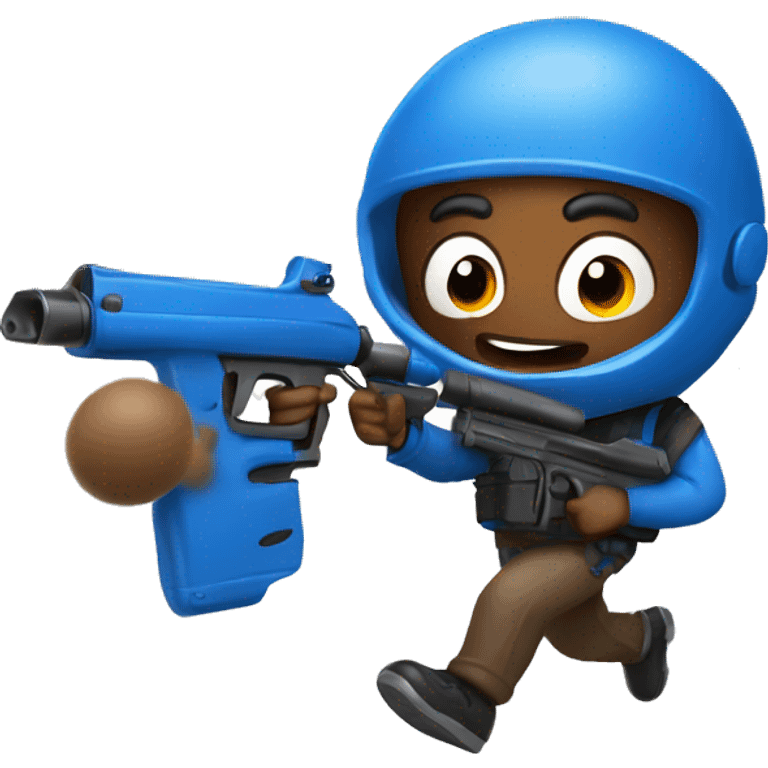 brown skin man running with paintball gun in hand wearing blue  emoji