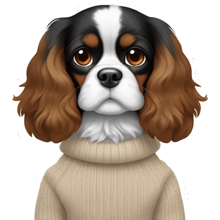 Black, white, and brown King Charles Cavalier with a beige winter sweater emoji