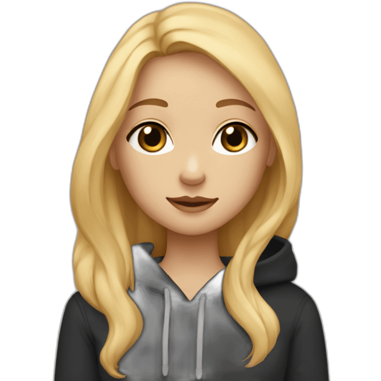 A blonde girl  with blues eyes, with straight hair and a ray,she has light skin a few freckles, and she wear a hoodies and she Carries in his arms a black labrador dog  emoji