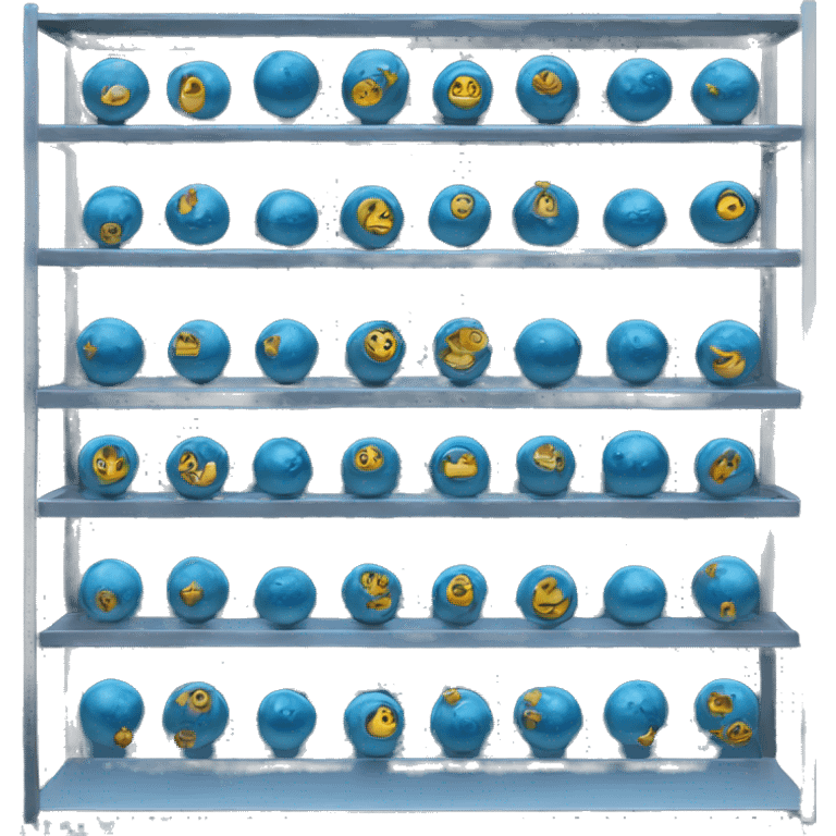 tall metal shelves with many blue orb prophecies emoji