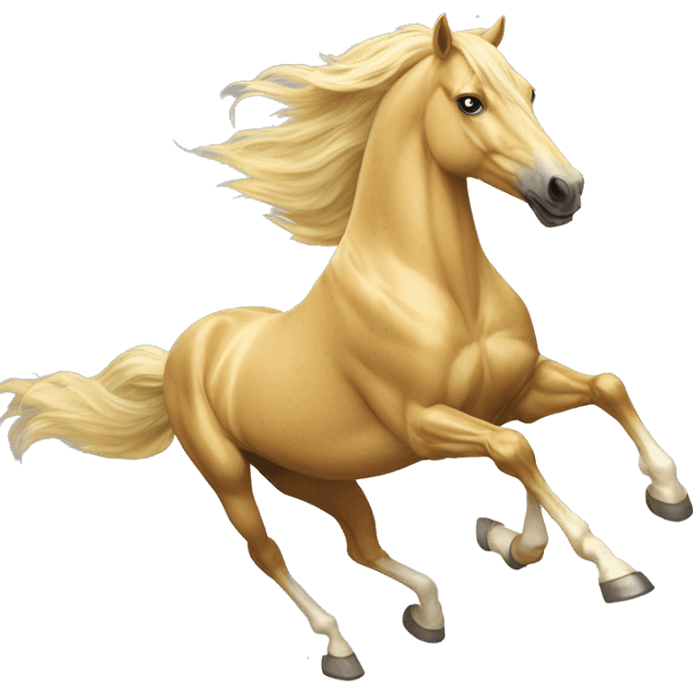 Yellow palomino horse with long flowing mane galloping with prosthetic leg, slender horse, solid yellow horse, running, yellow horse galloping with prosthetic leg, pretty horse emoji