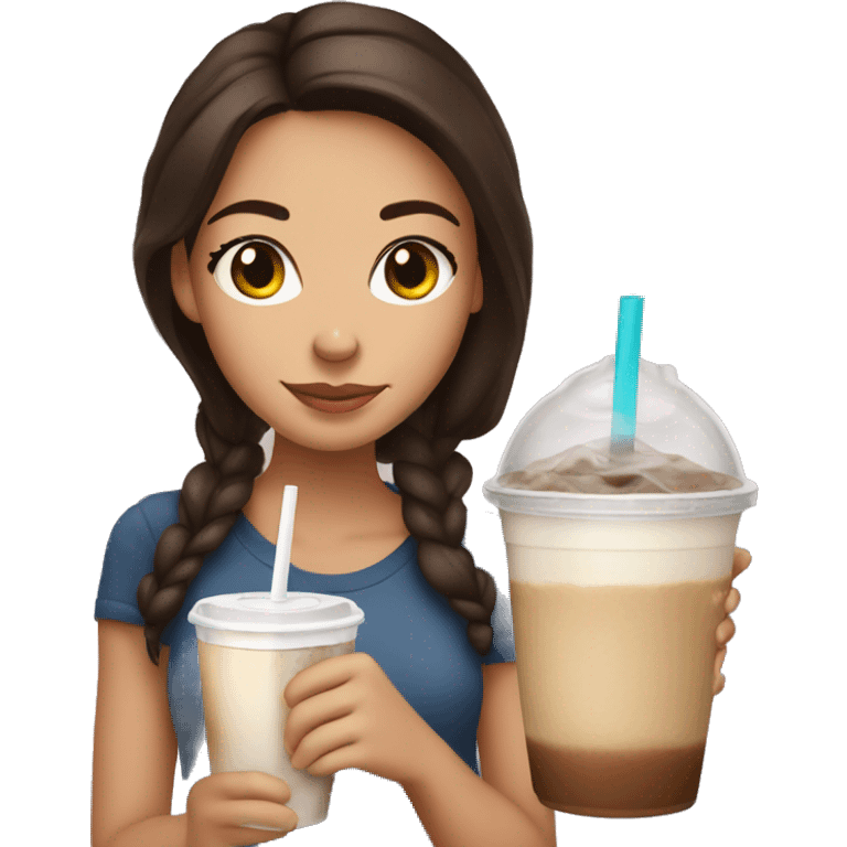 cute brunette girl holding iced coffee emoji