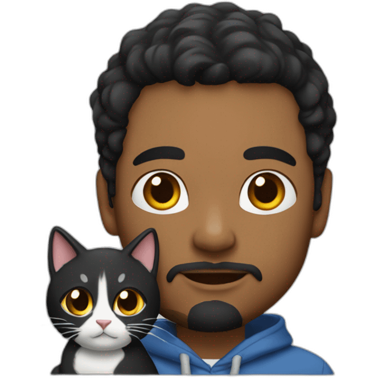 man with short beard hazel eyes and black hair wearing hoodie with cat on lap emoji