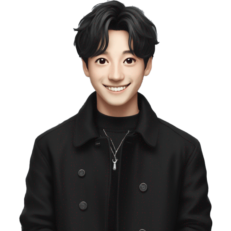 Jungkook from BTS smiling, wearing a black coat emoji