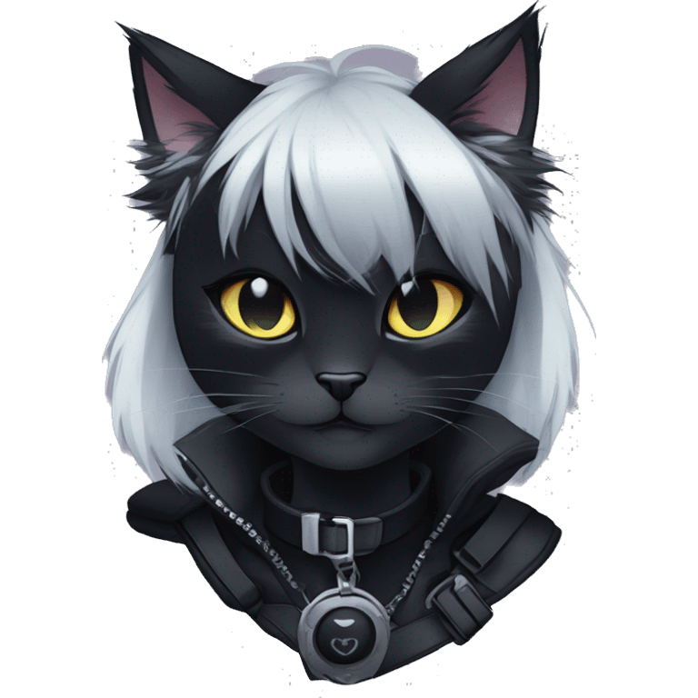 Gorgeous furry dark techwear anime style anthro black cat furry sona Fakémon aesthetic and pretty edgy black with collar and harness trending style emoji