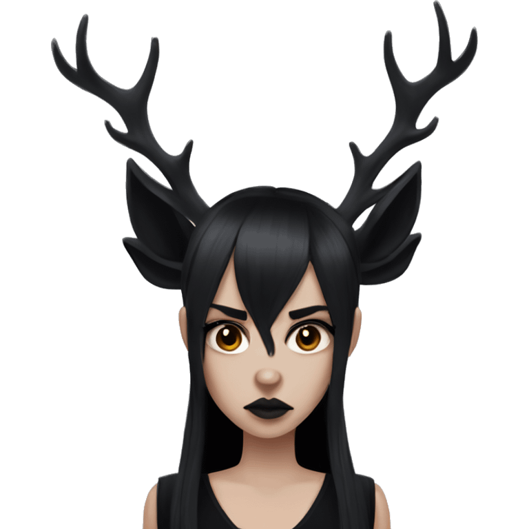 Portrait. Goth, deer girl. Wearing a black sleeveless dress with a choker. She has White antlers and deer ears. Long Black hair. She looks angry emoji