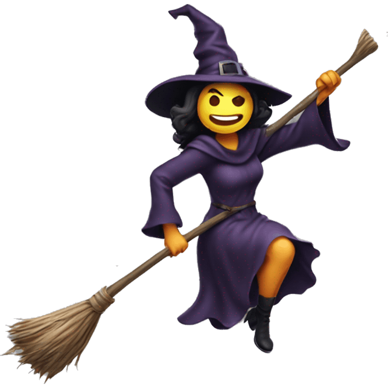 Scarry witch, flying to the right on a broom, throwing candy. emoji