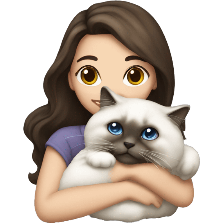 Brunette girl snuggling seal point ragdoll cat emoji