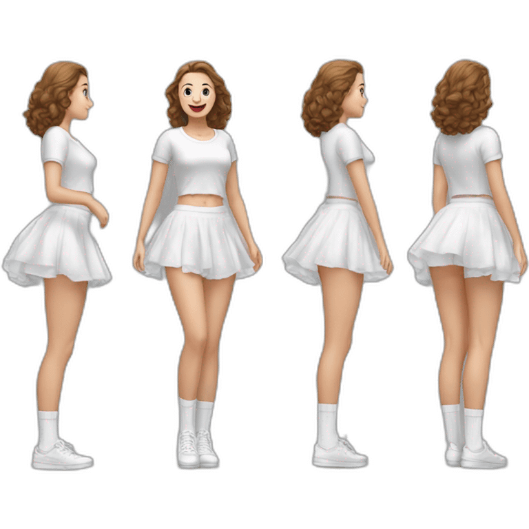 hyperrealistic-full-body-caucasian-curvy-beauty-jumping-small white-skirt-back-and-front-views-strong-wind-knickers white socks emoji