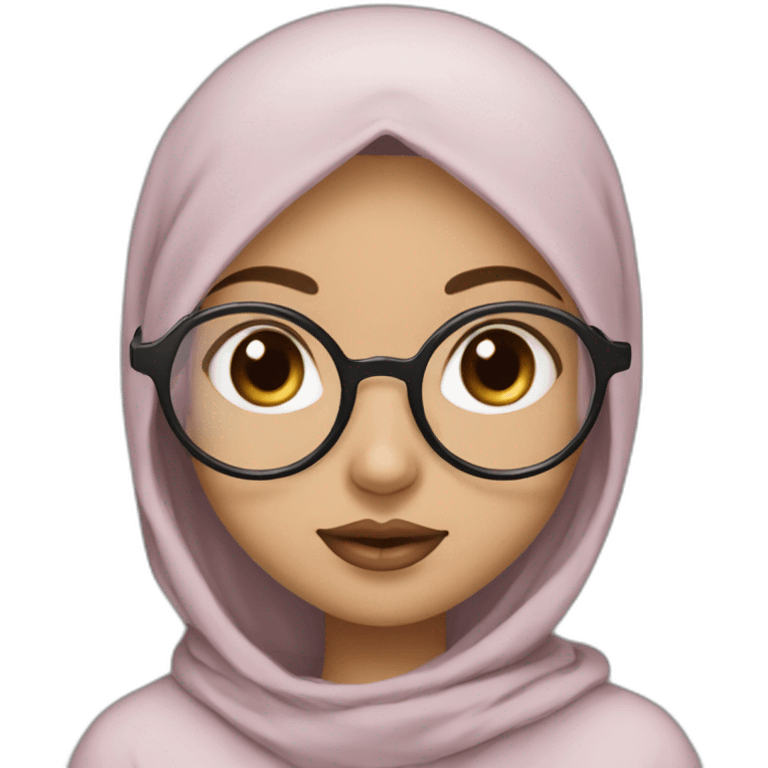 Hijab black color white fair skin girl brown eyes wearing round circular metal glasses, no make up, big cheeks, almond eyes, small pink lips, triangle nose emoji