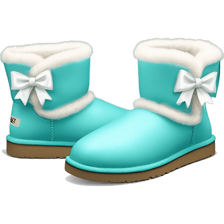 Realistic pair of tiffany blue fur Ugg boots  with white ribbon bows. emoji