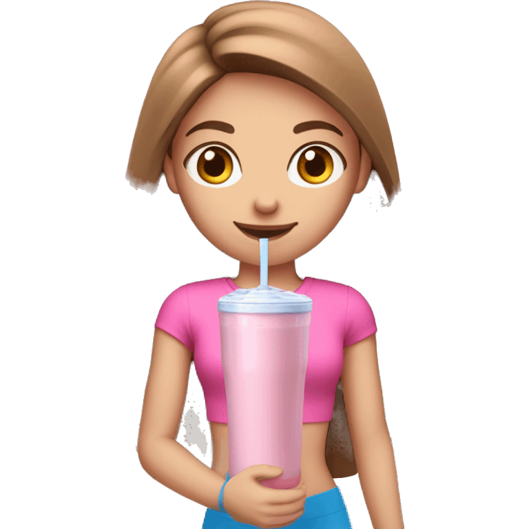 a girl with brown long straightened hair and blue eyes with pink leggings and pink sports top with a protein shake in her hand emoji