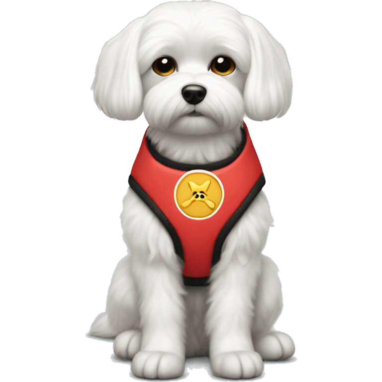 Maltese wearing a red service dog vest with a do not pet symbol on it emoji