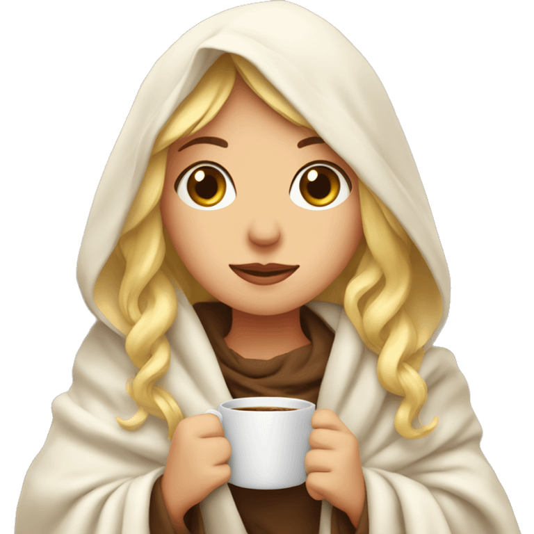  Cute Blonde girl wrapped in blanket over head drinking coffee emoji