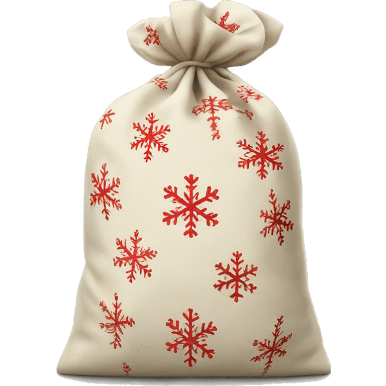 Generate an emoji of a Christmas-themed cloth bag, tied with a string, decorated with festive elements like snowflakes or holly, and ready to hold gifts—no money or currency symbols. emoji