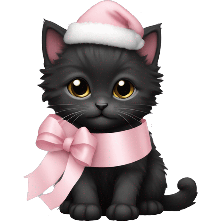 black fluffy small kitten with pale pink christmas hat ribbon emoji