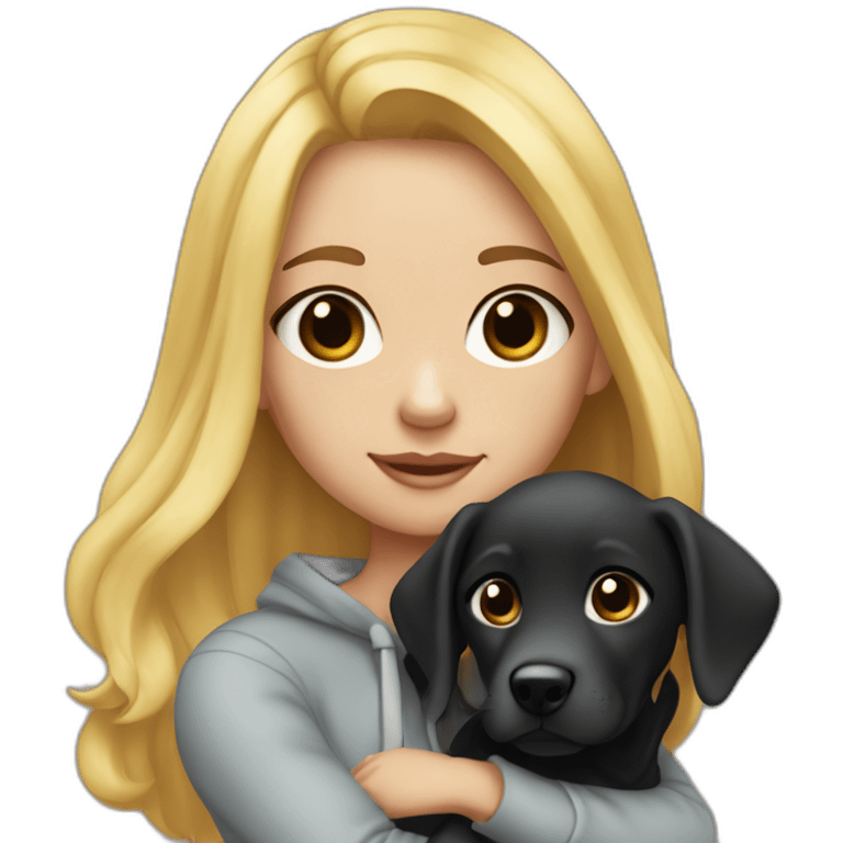 A blonde girl  with smooth hair and a ray in the middle of his hair, she has light skin a few freckles, and she wear a hoodies and she Carries in his arms a black baby labrador dog  emoji